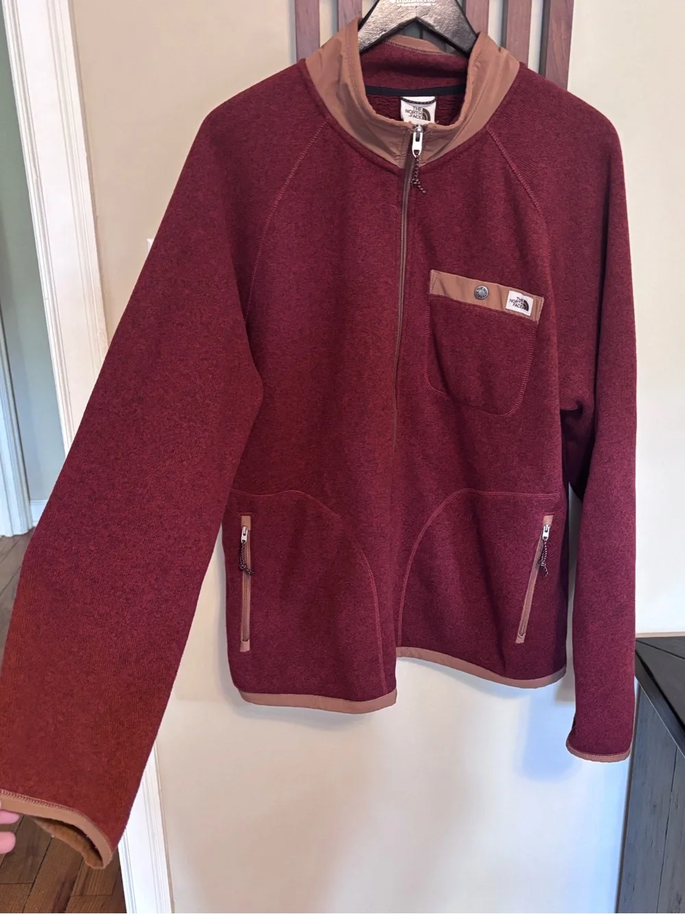 The North Face Men's Burgundy and Tan Fleece Jacket